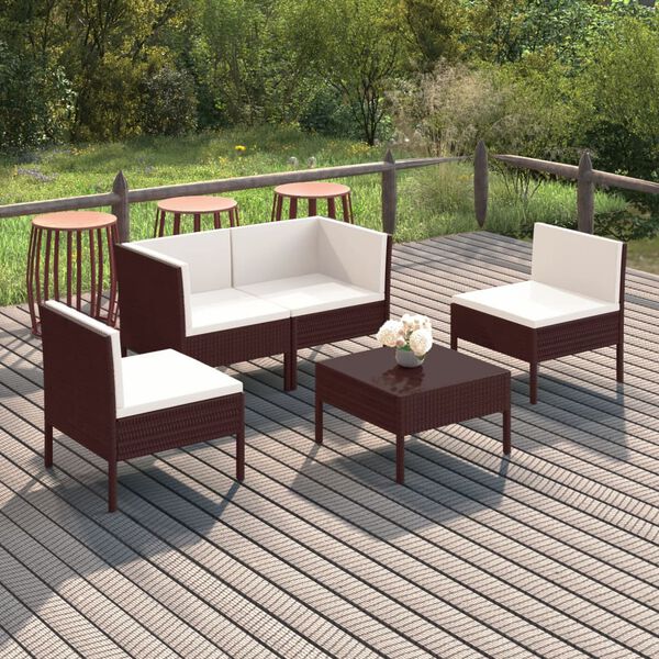 vidaXL Set muebles de jard&iacute;n 5 pzas y cojines rat&aacute;n sint&eacute;tico marr&oacute;n