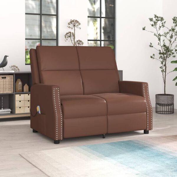 vidaXL Sill&oacute;n reclinable de masaje de 2 plazas cuero sint&eacute;tico marr&oacute;n