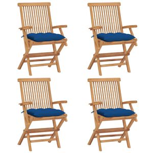 vidaXL Sillas de jard&iacute;n 4 uds madera maciza de teca con cojines azules