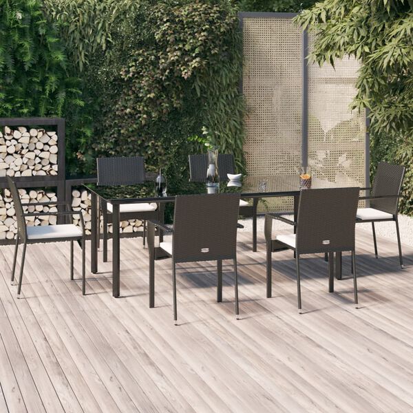 vidaXL Set de comedor de jard&iacute;n 7 pzas y cojines rat&aacute;n sint&eacute;tico negro