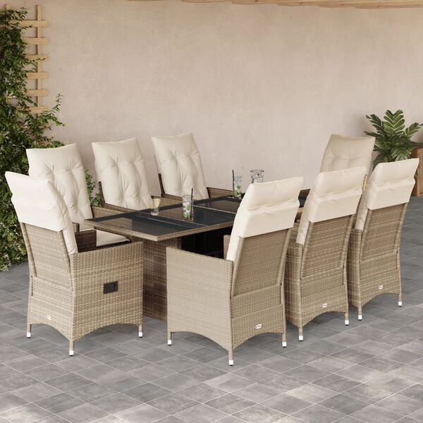 vidaXL Set comedor de jard&iacute;n 9 pzas con cojines rat&aacute;n sint&eacute;tico beige