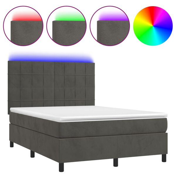 vidaXL Cama box spring colch&oacute;n y LED terciopelo gris oscuro 140x200 cm
