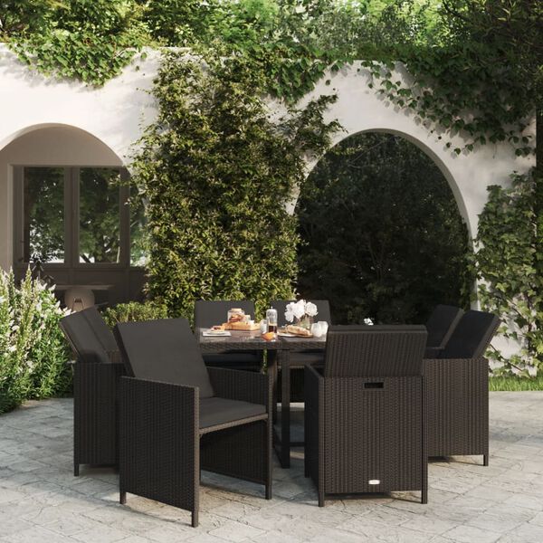 vidaXL Set de comedor de jardín 9 pzas y cojines ratán sintético negro