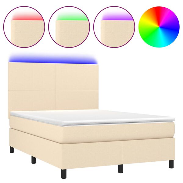 vidaXL Cama box spring colch&oacute;n y luces LED tela crema 140x200 cm