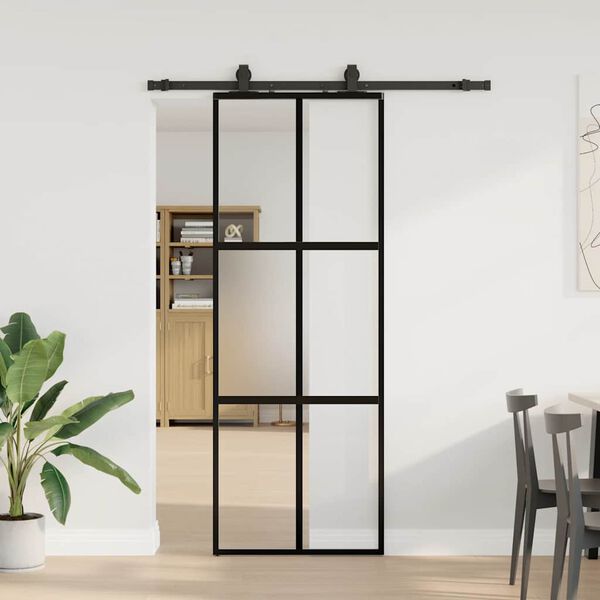 vidaXL Puerta corredera con herrajes negro 76x205 cm vidrio templado