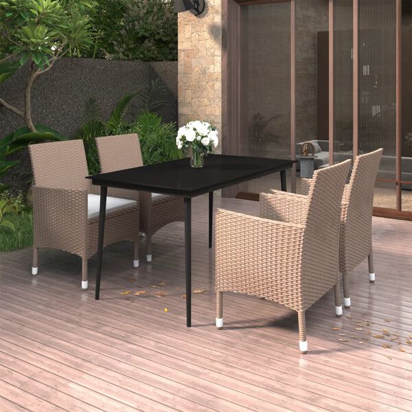 vidaXL Set comedor de jard&iacute;n 5 pzas y cojines rat&aacute;n sint&eacute;tico y vidrio