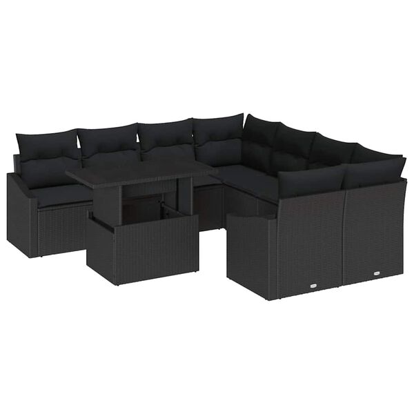 vidaXL Conjunto de sof&aacute; de jard&iacute;n 9 pcs Negro rat&aacute;n sint&eacute;tico
