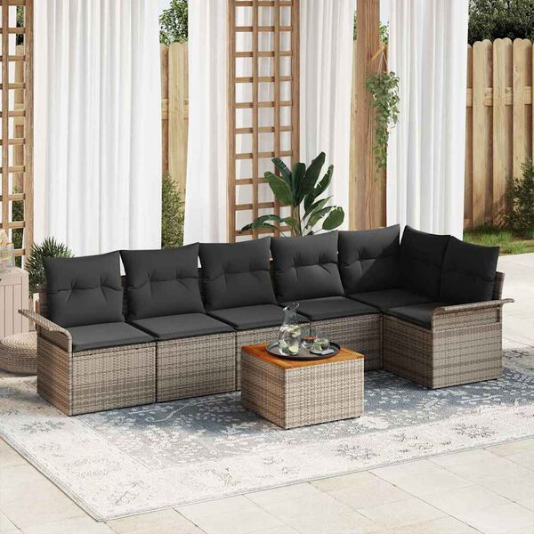 vidaXL Conjunto de sof&aacute; de jard&iacute;n 7 pcs Gris Polirat&aacute;n