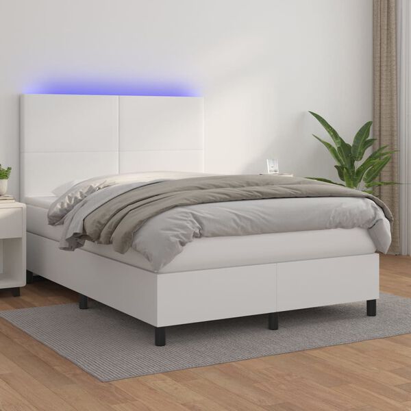 vidaXL Cama box spring colch&oacute;n y LED cuero sint&eacute;tico blanco 140x190 cm