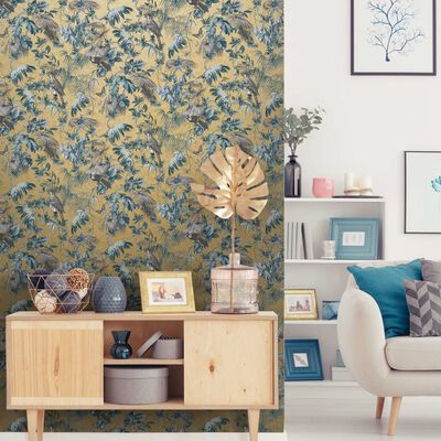 DUTCH WALLCOVERINGS Papel pintado hojas y pájaros azul y dorado