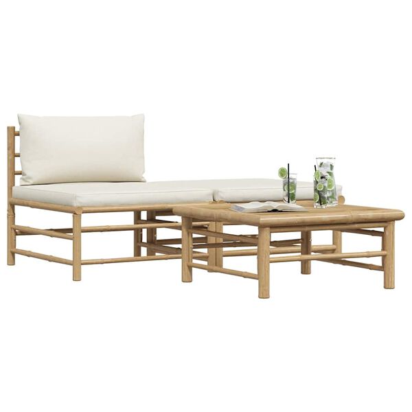 vidaXL Set de muebles de jard&iacute;n 3 piezas bamb&uacute; y cojines blanco crema