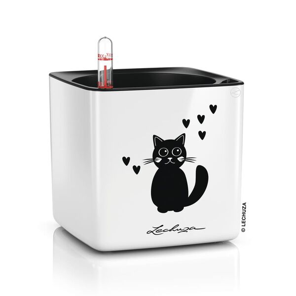 LECHUZA Macetero de mesa CUBE glossy CAT 14 ALL-IN-ONE brillo blanco