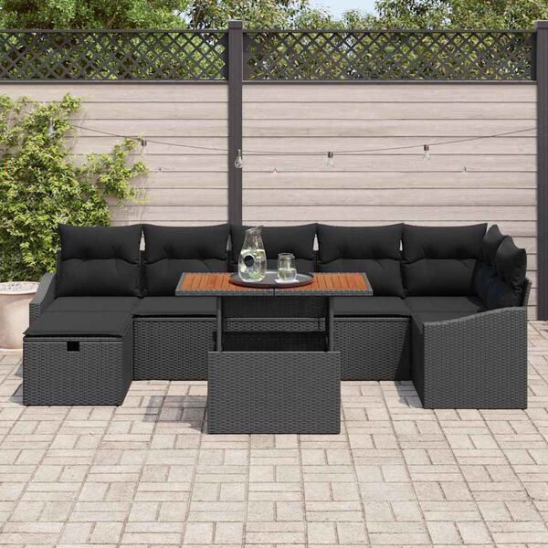 vidaXL Conjunto de sof&aacute; de jard&iacute;n con coj&iacute;n 8 pcs Negro Polirat&aacute;n