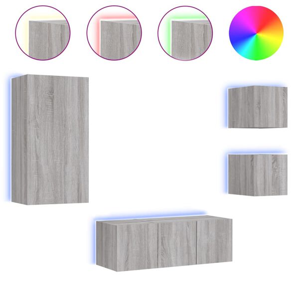 vidaXL Muebles TV pared con LED 5 pzas madera ingenier&iacute;a gris Sonoma