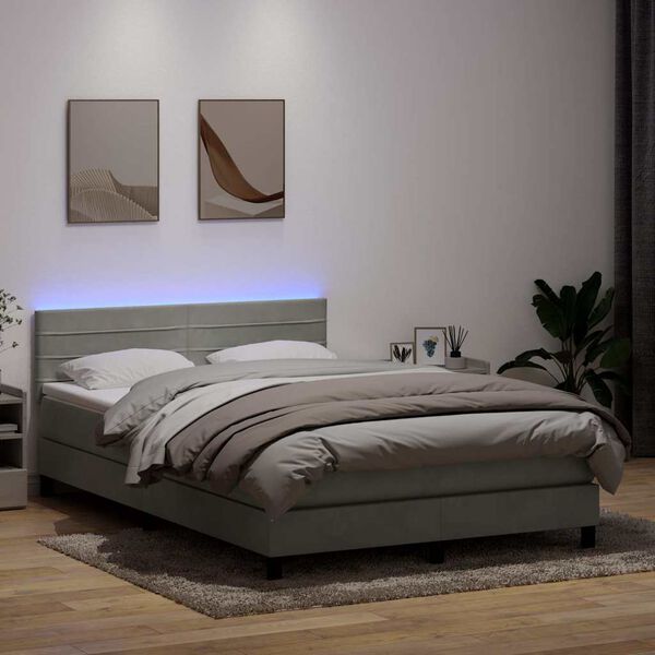 vidaXL Cama box spring con colch&oacute;n y LED terciopelo gris claro 160x220 cm