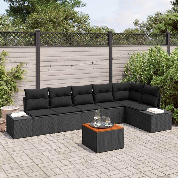 vidaXL Conjunto de sofá de jardín con cojín 7 pcs Negro Poliratán