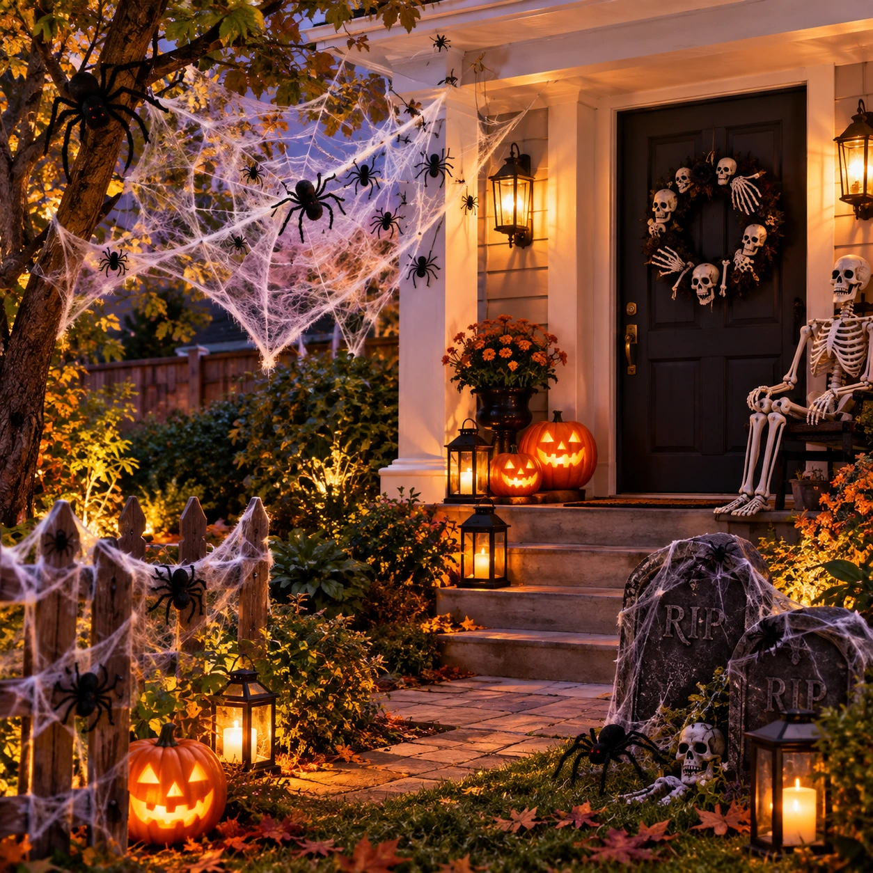 Porche y jardín de Halloween con telarañas, arañas y un esqueleto
