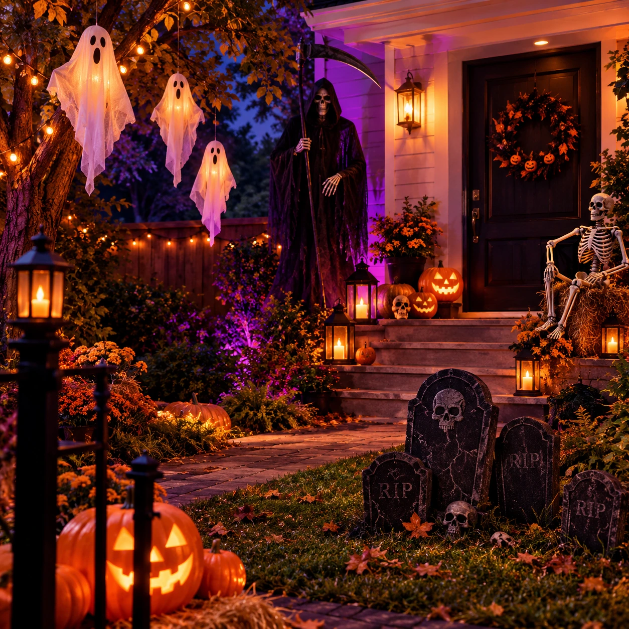 Jardín de Halloween con fantasmas colgantes y una figura de la Parca
