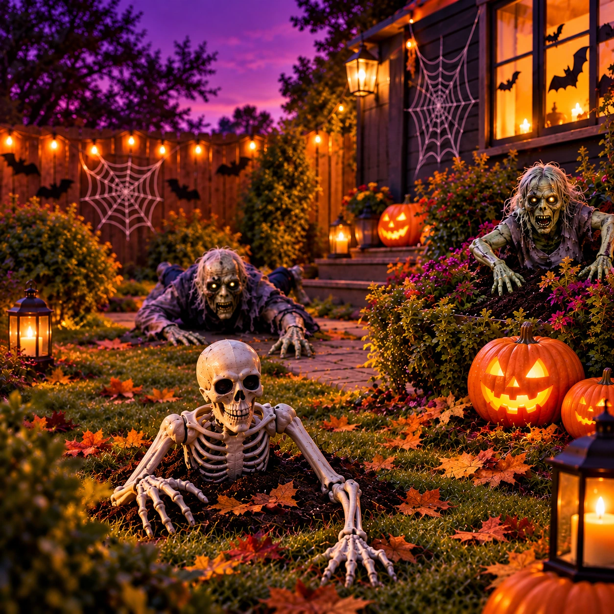 Jardín de Halloween con un esqueleto, zombis y calabazas iluminadas
