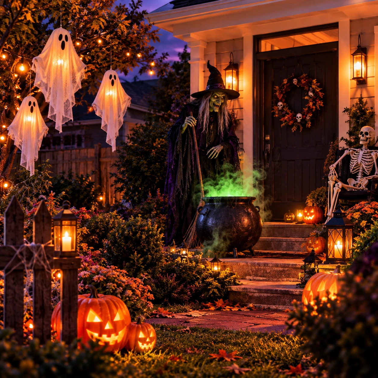 Porche de Halloween con una bruja, fantasmas y calabazas iluminadas
