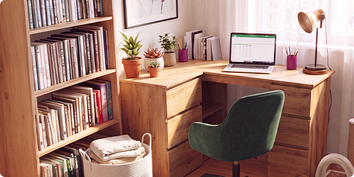 Oficina en casa con escritorio esquinero de madera, silla de oficina ergonómica verde, portátil, librería, lámpara de escritorio y plantas de interior, para crear un espacio de trabajo cómodo y productivo para trabajar desde casa.