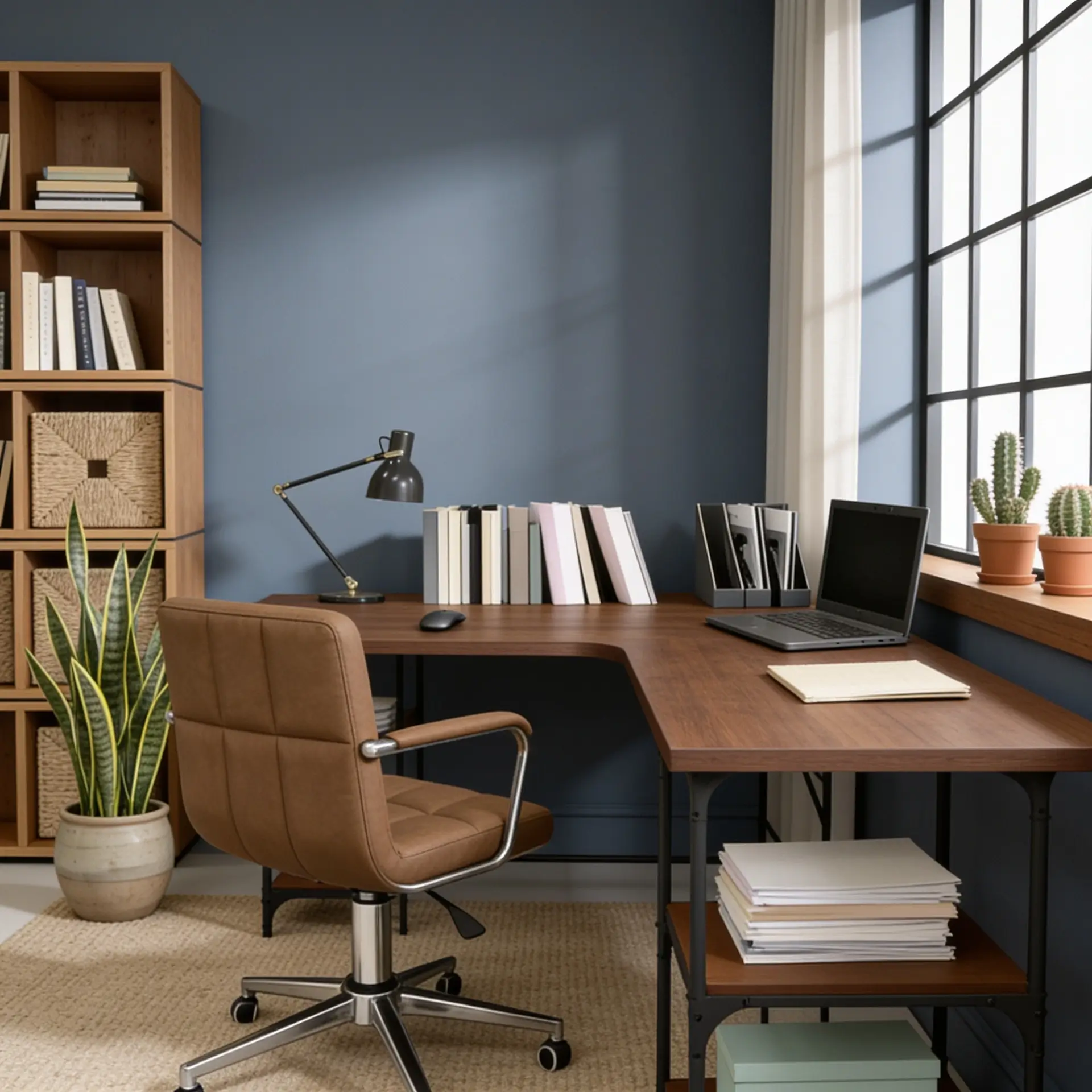 Espacio de trabajo moderno en casa con un escritorio de madera en forma de L con un ordenador portátil, una silla giratoria tapizada de cuero marrón, una estantería alta y plantas en macetas contra paredes azul grisáceo.