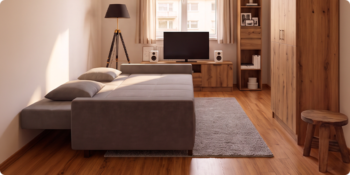 Sofá cama gris mostrado como sofá y como cama completamente abierta en el interior de un apartamento moderno.
