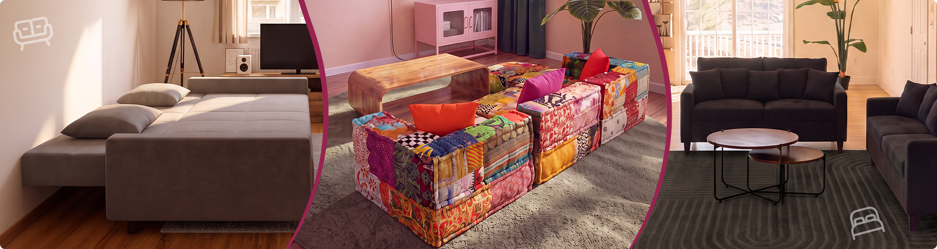 Collage con tres estilos de sofá: un salón moderno con sofás oscuros, un sofá modular de patchwork colorido alrededor de una mesa de centro y un sofá cama gris completamente abierto. Haz clic para ver la colección de sofás.