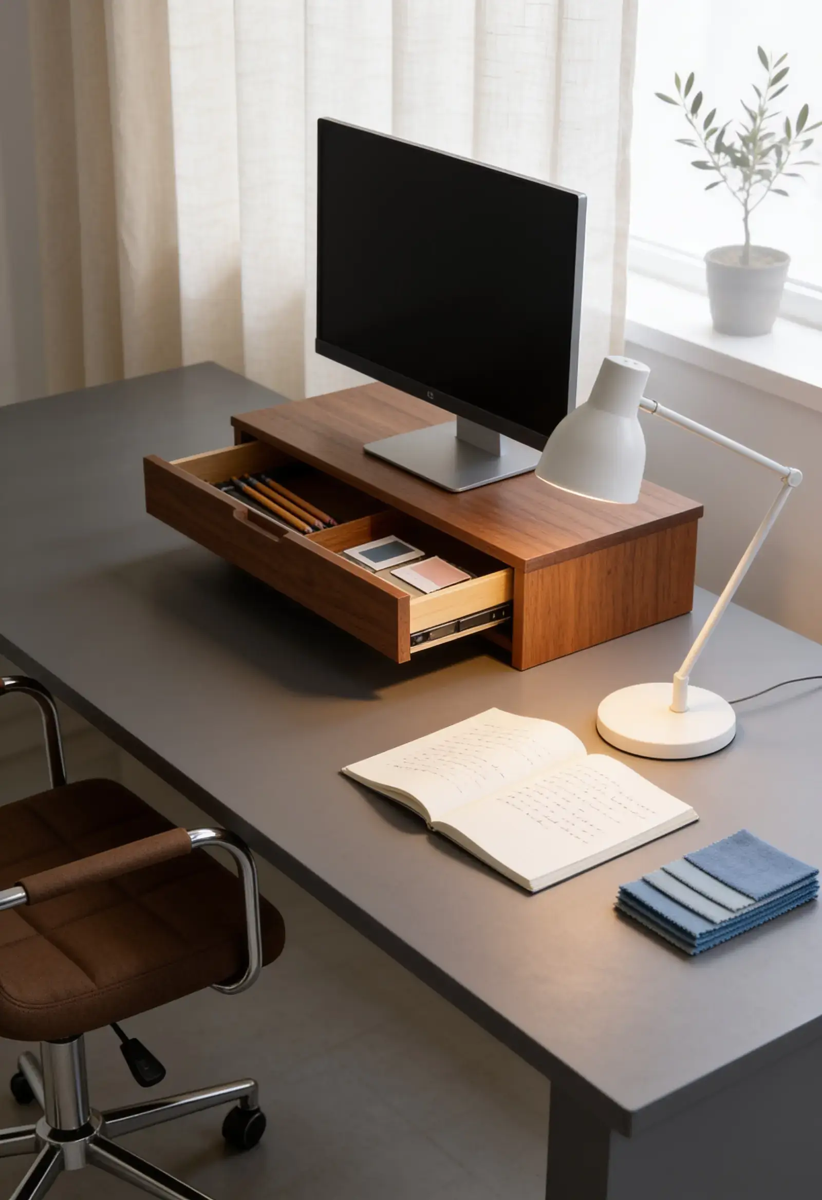 Primer plano de un moderno escritorio gris con un soporte de madera para monitor que tiene un cajón abierto con material de oficina, junto a una lámpara de escritorio blanca, un cuaderno abierto y un monitor.