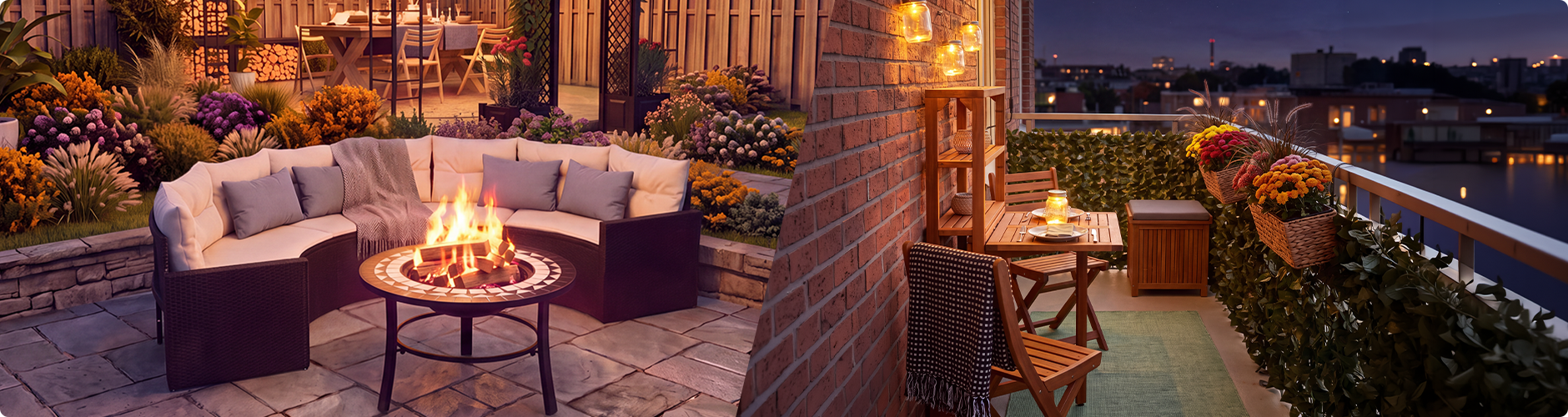 Espacios exteriores acogedores al atardecer, con un conjunto de jardín con brasero y un cenador lleno de flores a un lado, y un balcón decorado con muebles de madera, luces de farolillos y flores en maceta con vistas al perfil urbano al otro.