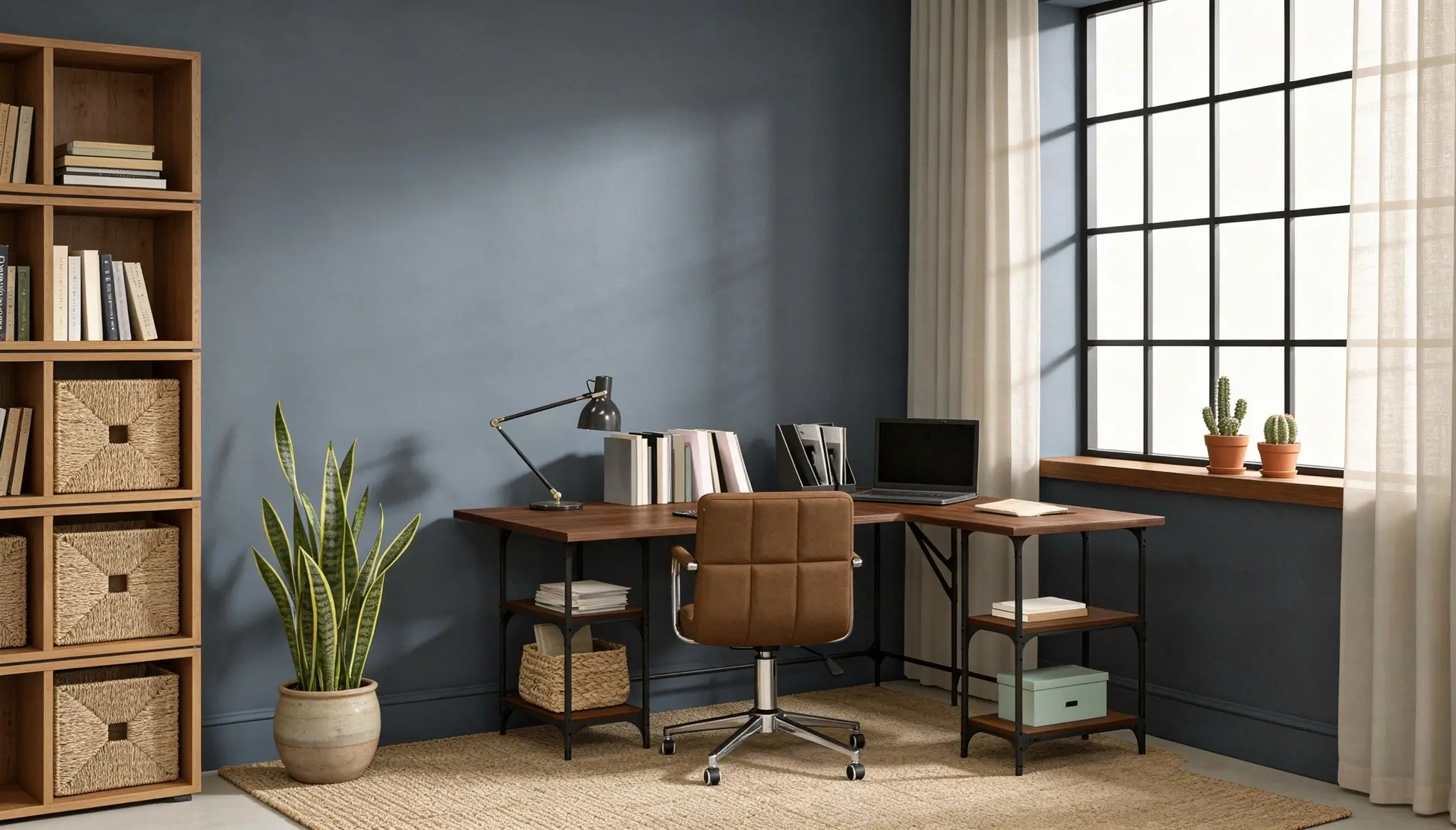 Interior de oficina en casa moderna con un escritorio esquinero de madera, silla giratoria de cuero marrón, estantería alta con cestas tejidas y una planta en maceta contra paredes azul grisáceo.