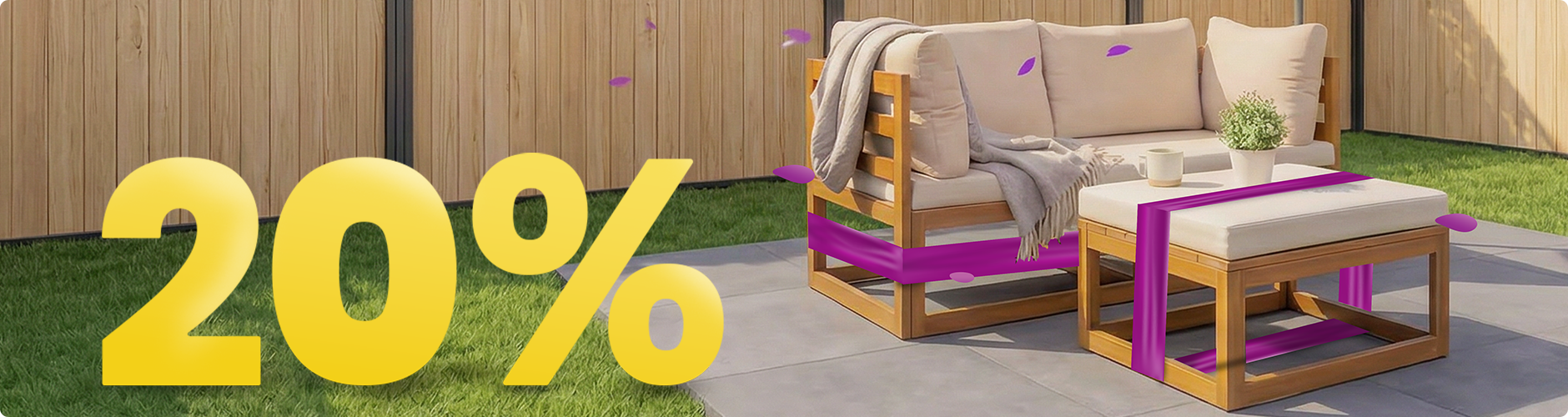 Conjunto de sofá de jardín de madera con cojines beige y mesa bajo sombrilla en patio soleado, rodeado de flores y valla, con banner de promoción de primavera 20%.