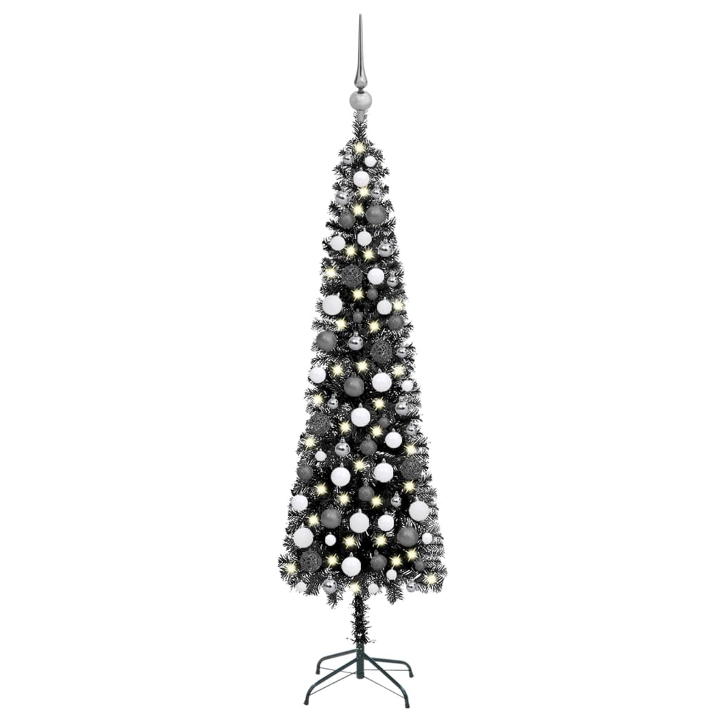 vidaXL Árbol de Navidad delgado con luces y bolas negro 180 cm