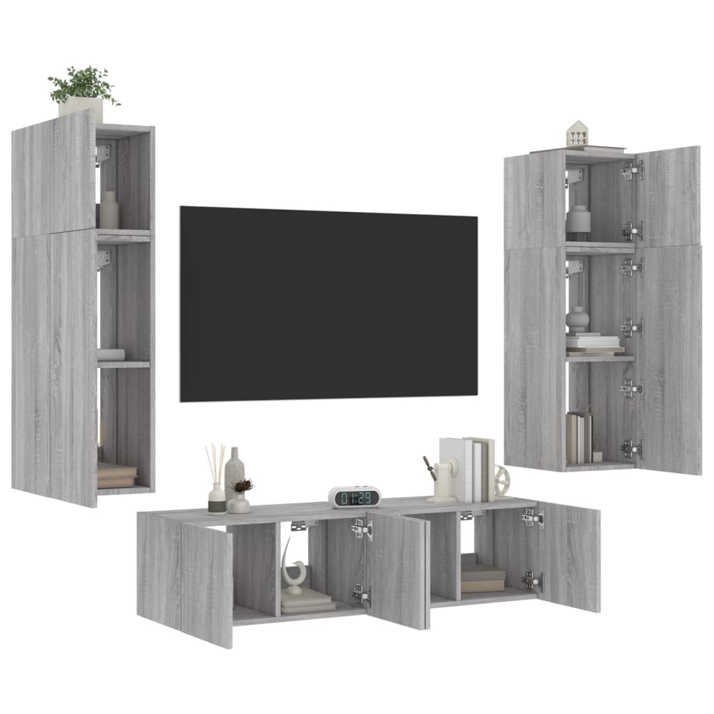 vidaXL Muebles TV pared con LED 6 pzas madera ingeniería gris Sonoma