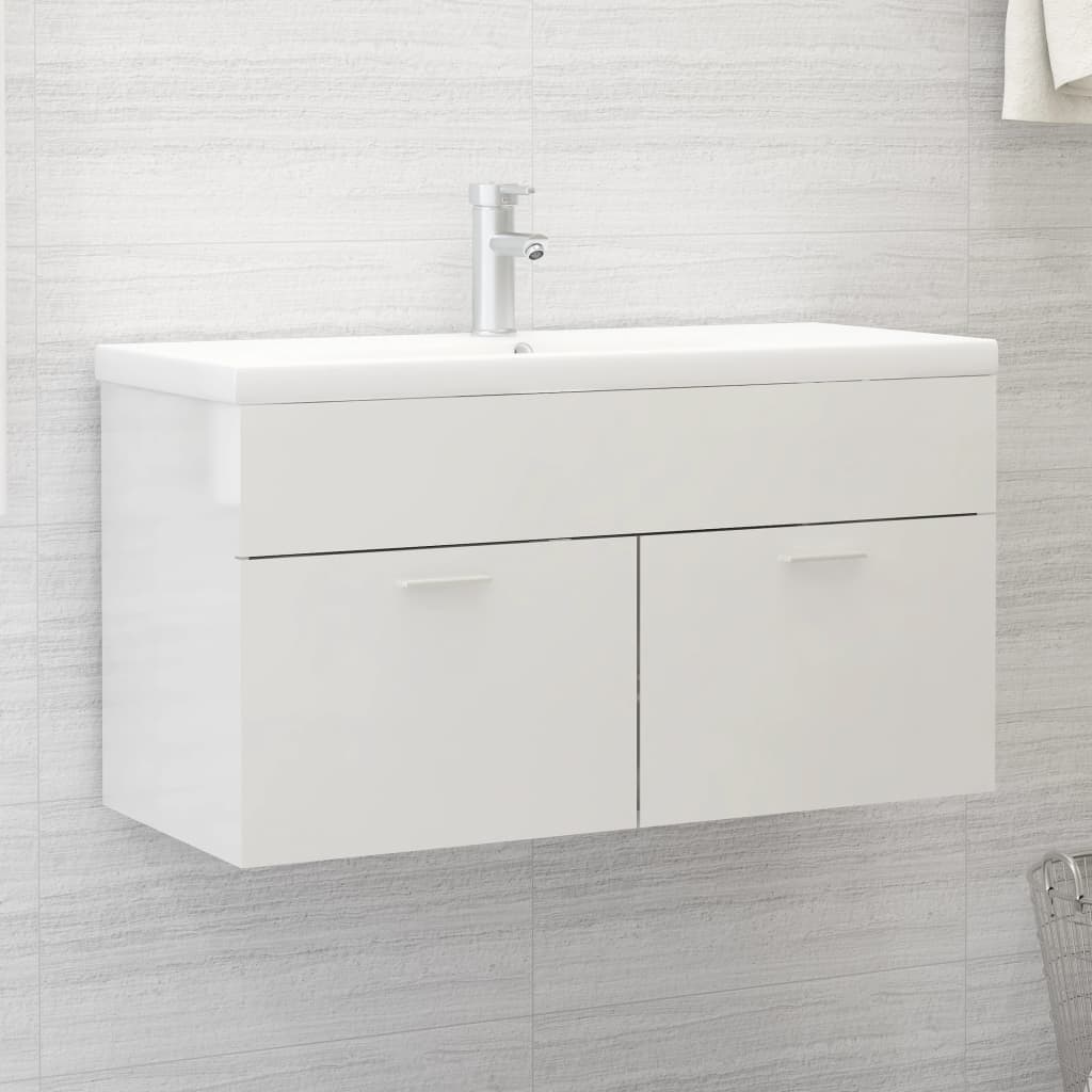 vidaXL Armario para lavabo contrachapada blanco brillo 90x38,5x46 cm