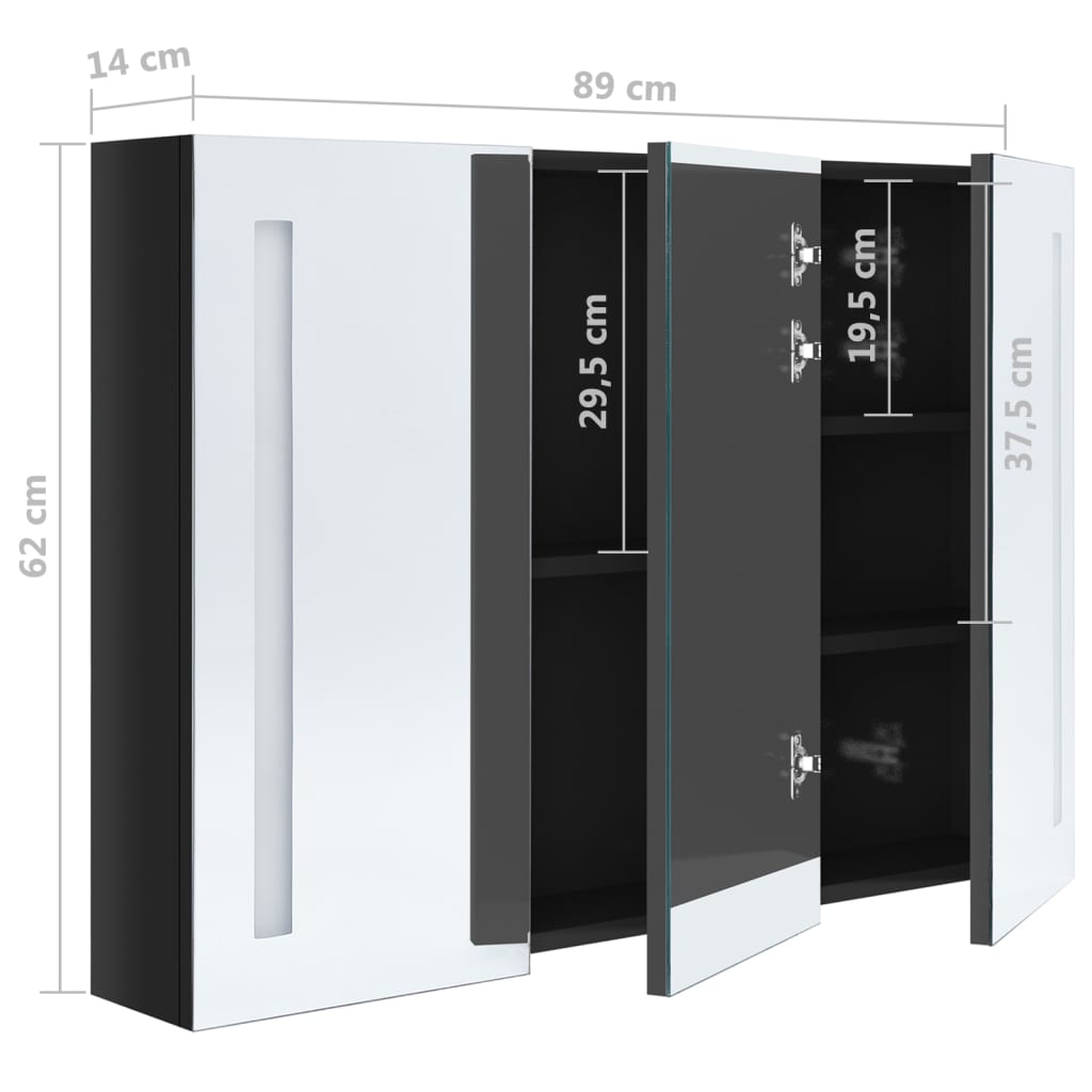 vidaXL Armario de baño con espejo LED negro brillante 89x14x62 cm