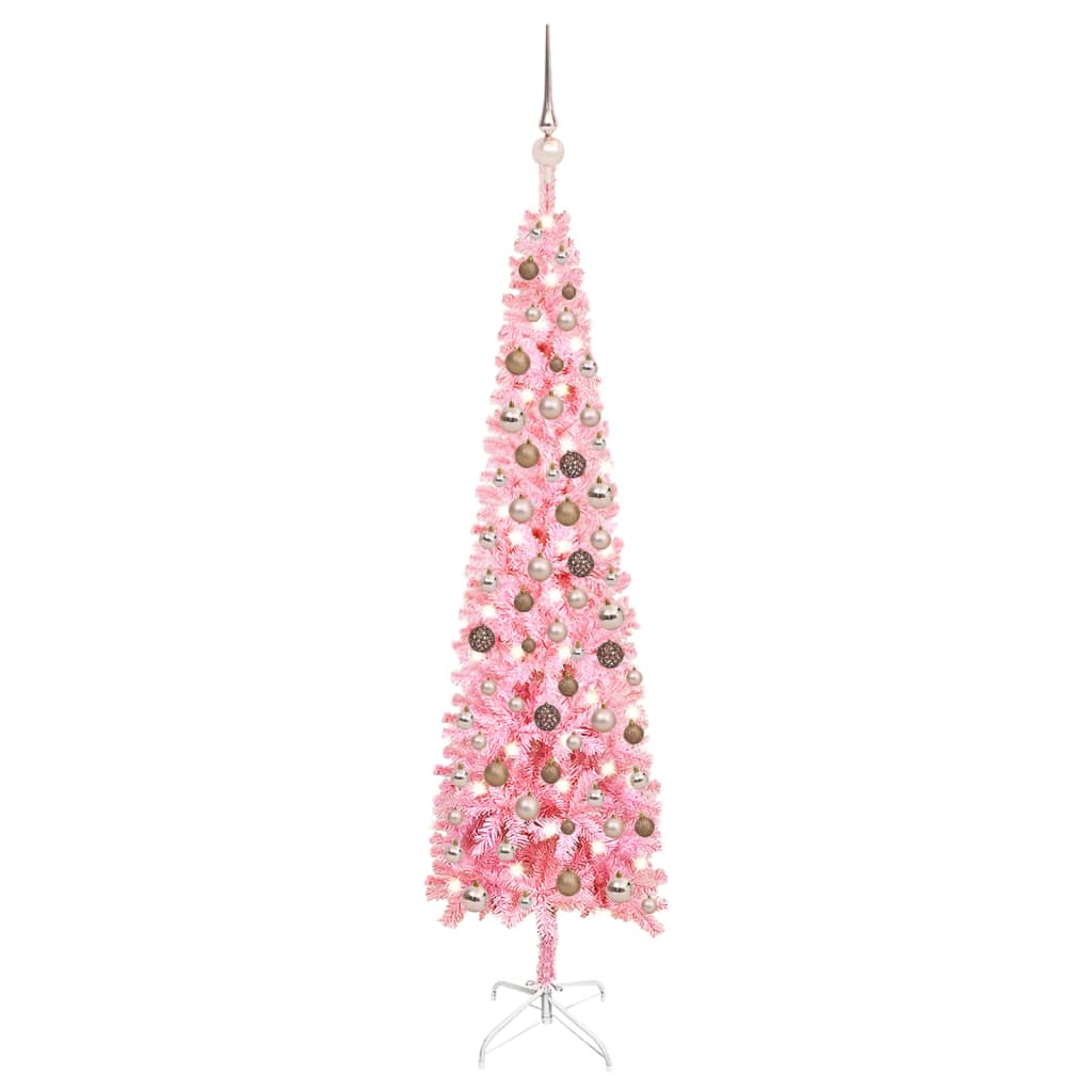 vidaXL Árbol de Navidad delgado con luces y bolas rosa 150 cm