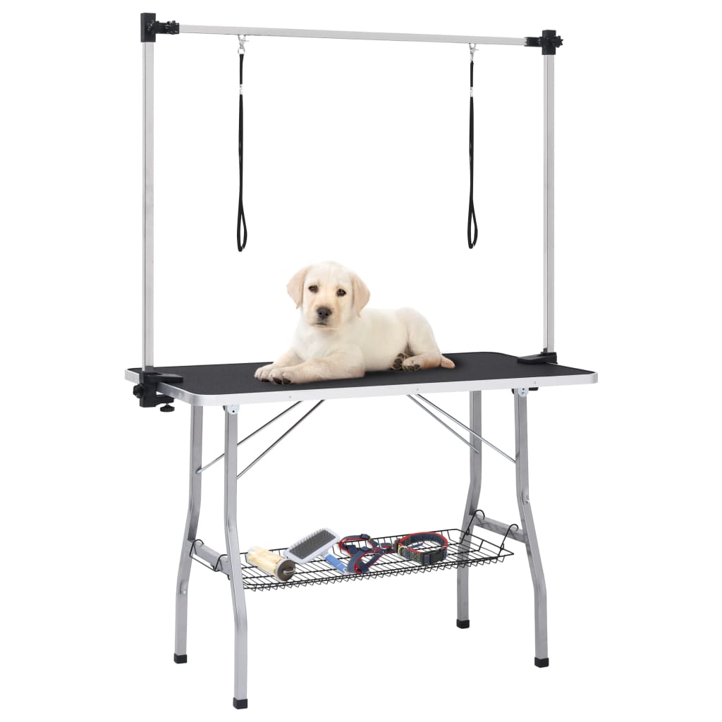 vidaXL Mesa de aseo para perros ajustable con 2 lazos y cesta