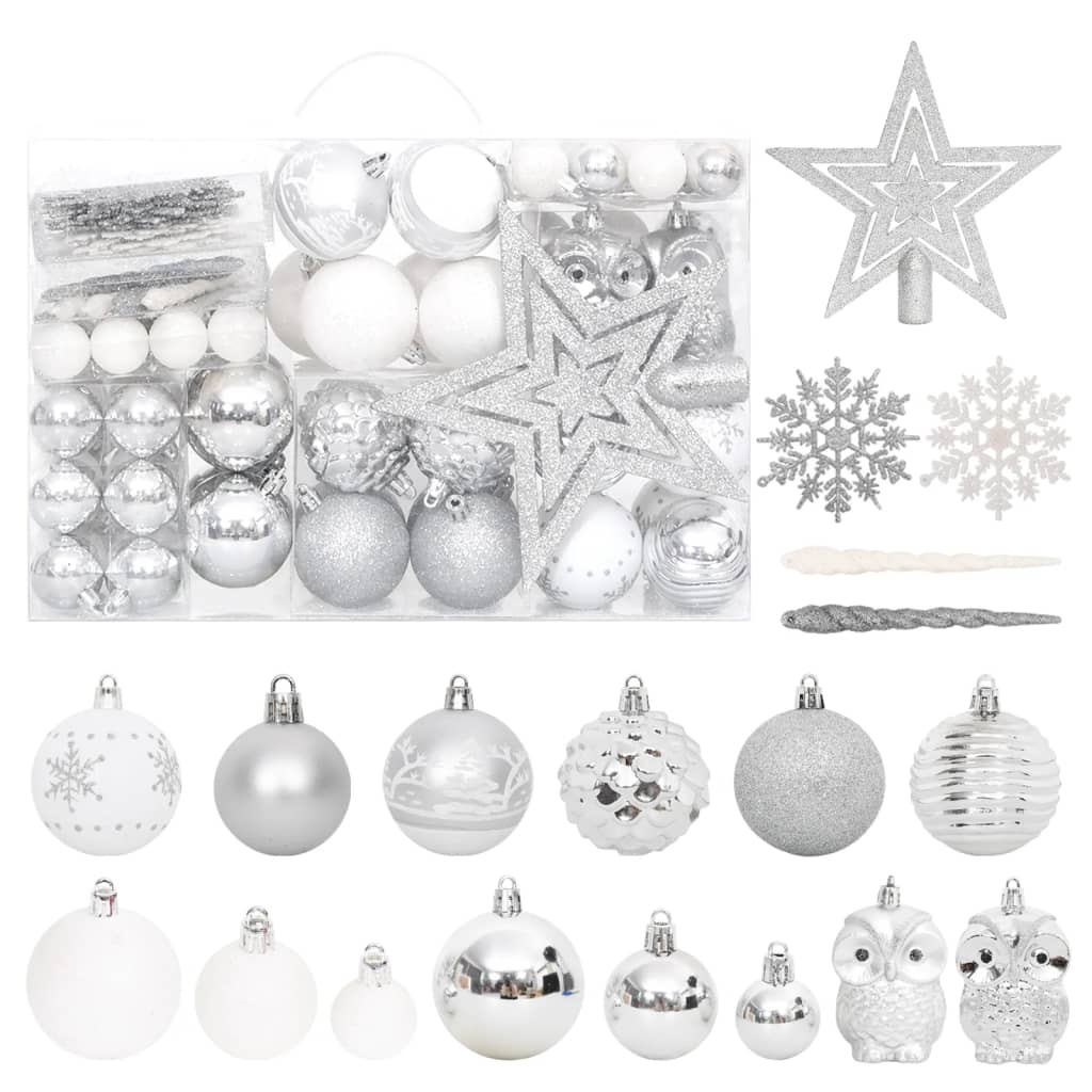 vidaXL Juego de adornos de navidad de 108 piezas plateado y blanco