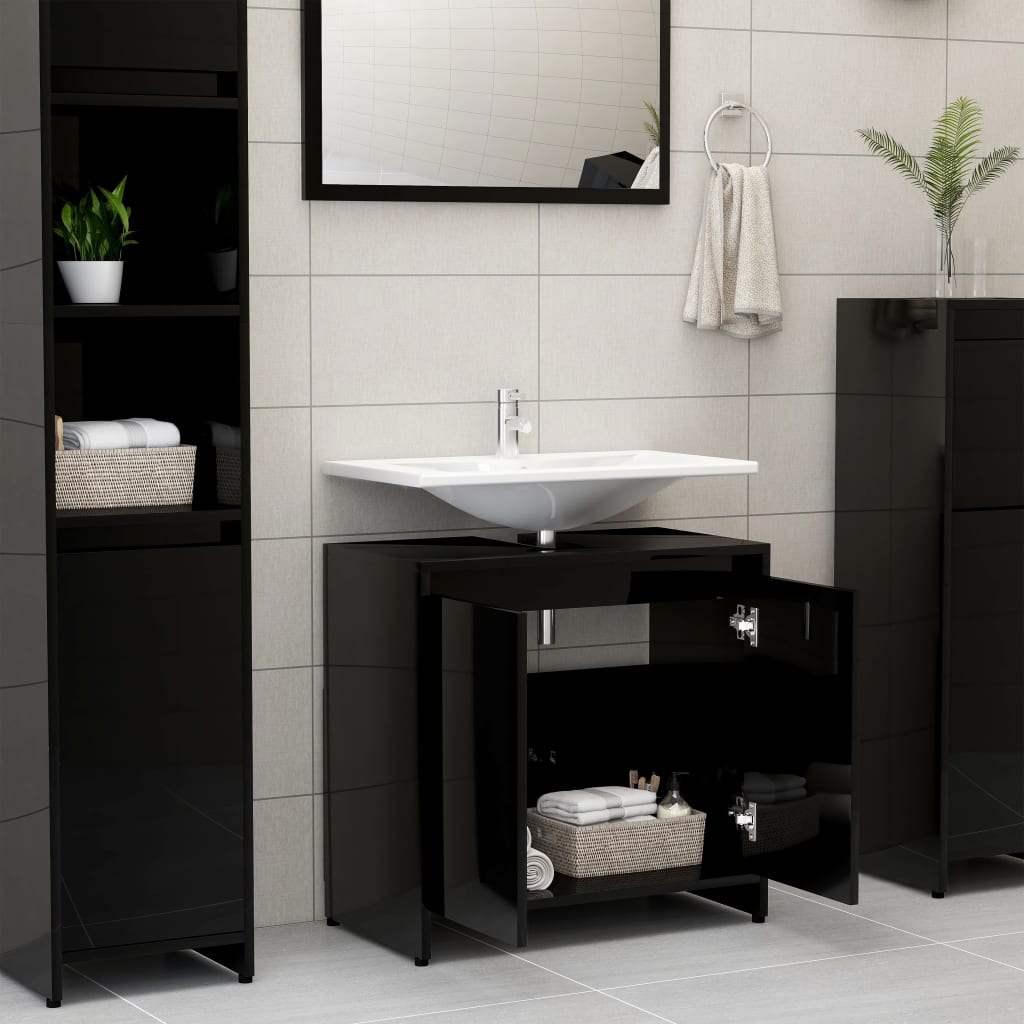 vidaXL Armario de baño madera contrachapada negro brillo 60x33x61 cm