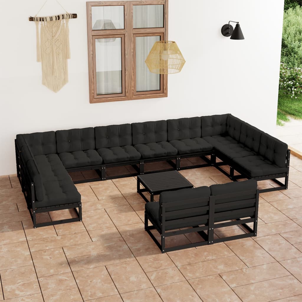vidaXL Set de muebles de jardín 13 pzas con cojines madera pino negro