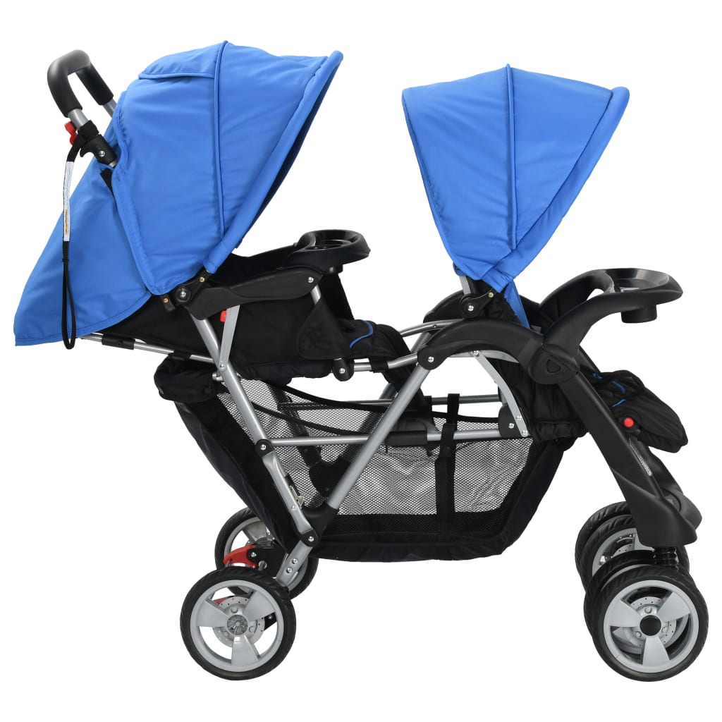 vidaXL Carrito para dos bebés tandem azul y negro de acero