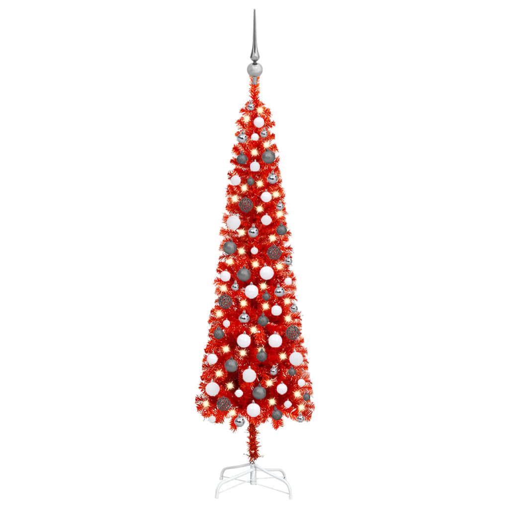 vidaXL Árbol de Navidad delgado con luces y bolas rojo 150 cm