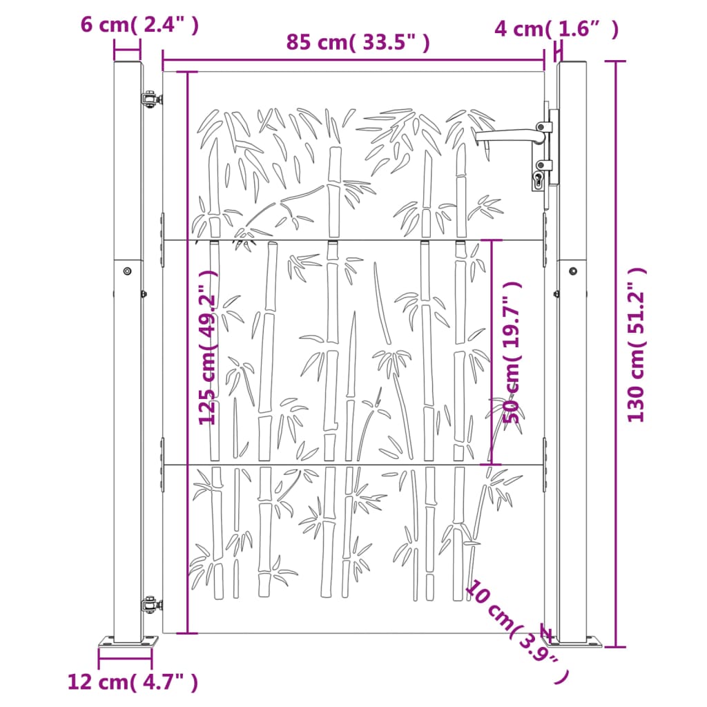 vidaXL Puerta de jardín acero corten diseño bambú 105x130 cm