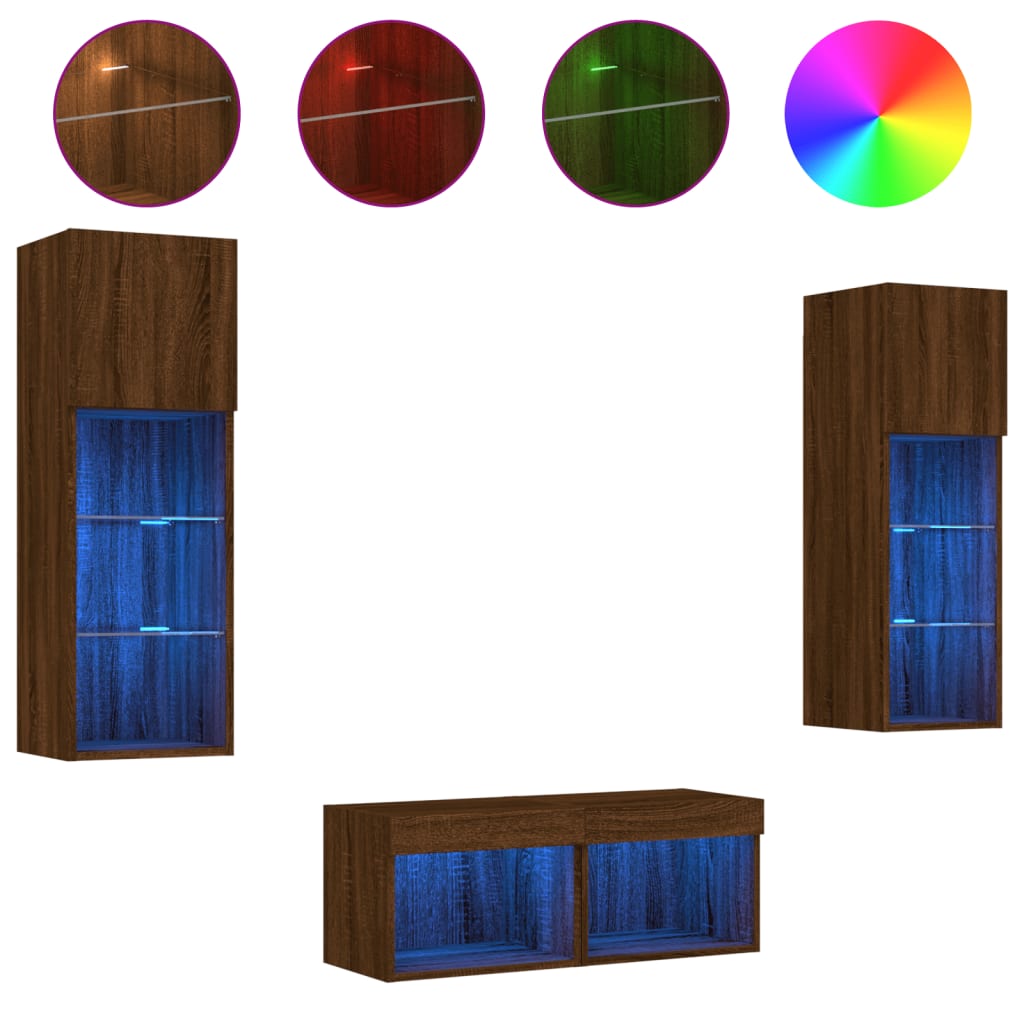 vidaXL Muebles de TV de pared con luces LED 4 piezas marrón roble