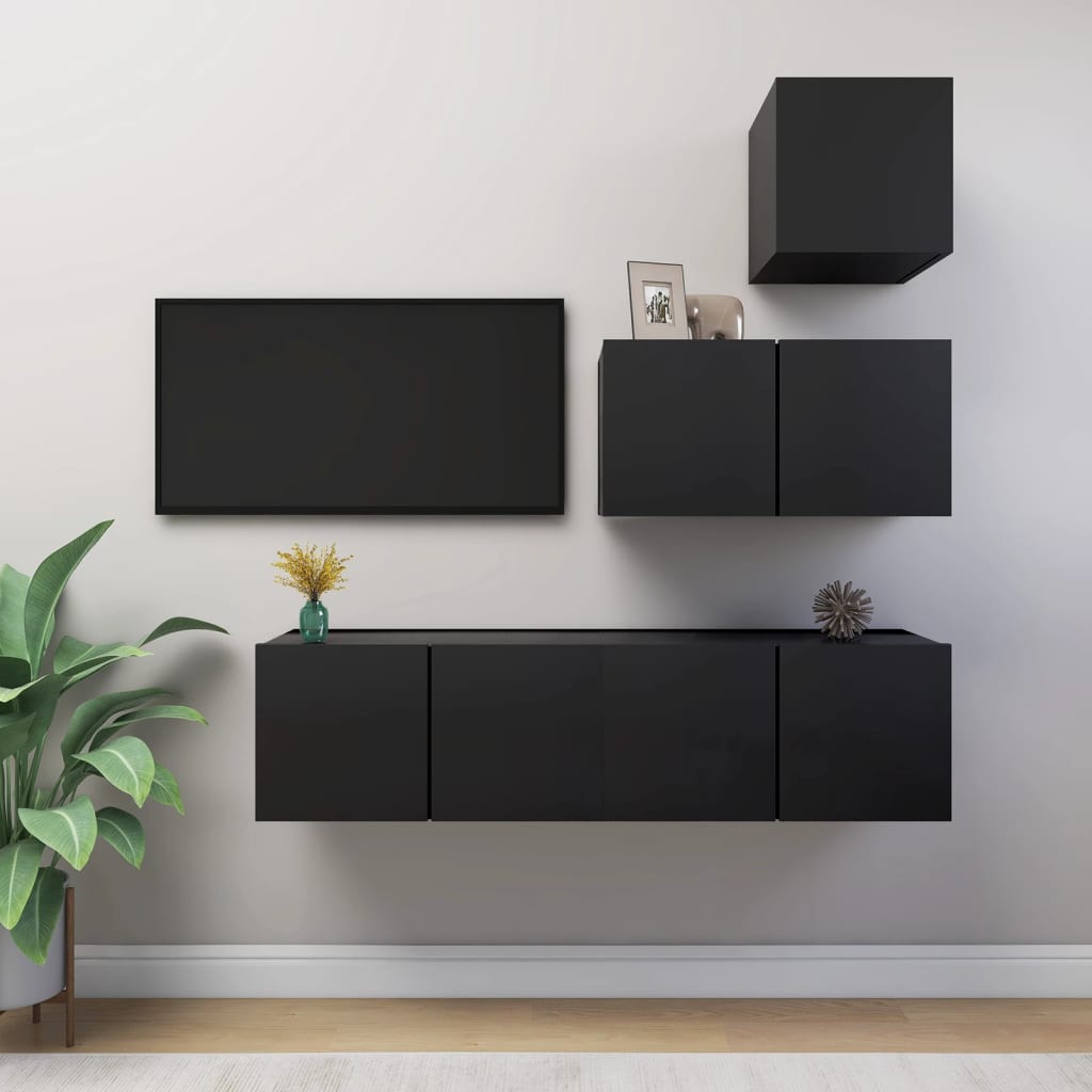 vidaXL Set de muebles de salón TV 4 piezas madera de ingeniería negro