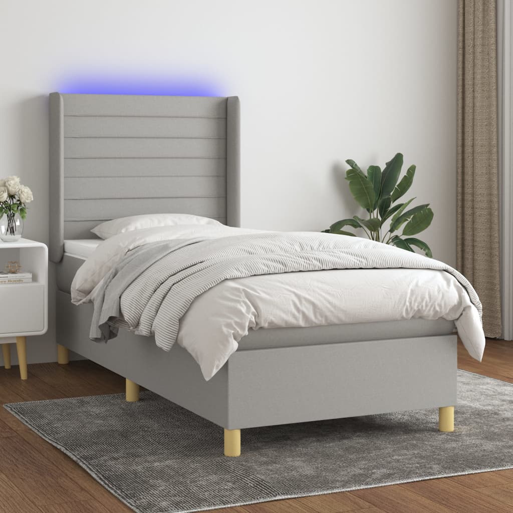 vidaXL Cama box spring colchón y luces LED tela gris claro 90x190 cm