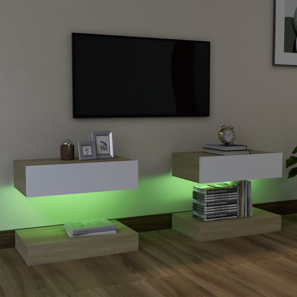 vidaXL Muebles para TV luces LED 2 uds blanco y roble Sonoma 60x35 cm