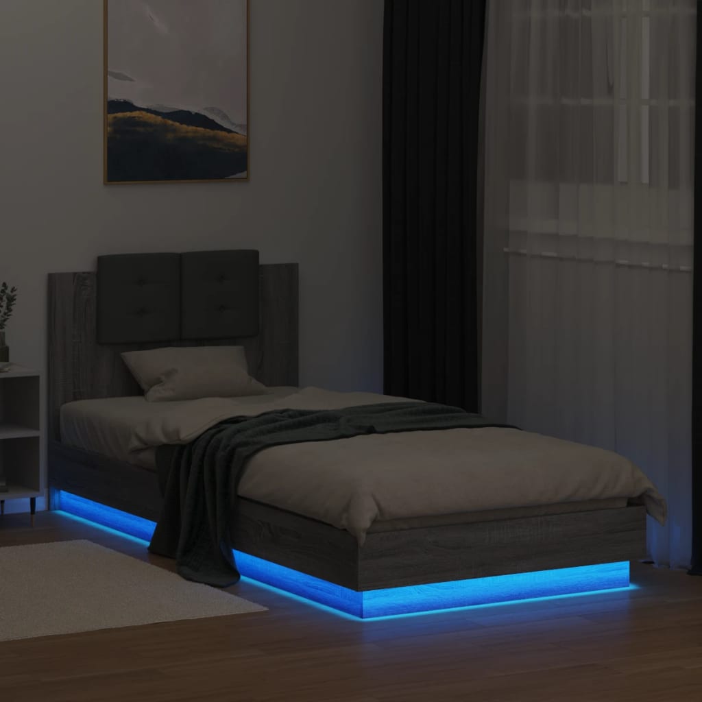 vidaXL Estructura de cama cabecero luces LED gris Sonoma 90x200 cm