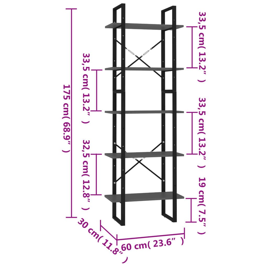 vidaXL Estantería de 5 niveles madera de ingeniería gris 60x30x175 cm
